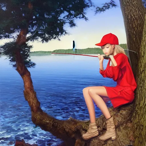 Image similar to oil painting by ilya kuvshinov,, baugh casey, artgerm craig mullins, coby whitmore, of a youthful anime girl, long hair, fishing and wearing fisherman's outfit, fisherman's hat, highly detailed, breathtaking face, studio photography, noon, intense bounced light, water reflection, large tree casting shadow, serine intense sunlight