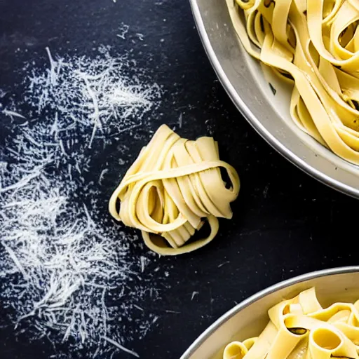 Prompt: a creamy fettuccine pasta in a parmesan wheel, food photography