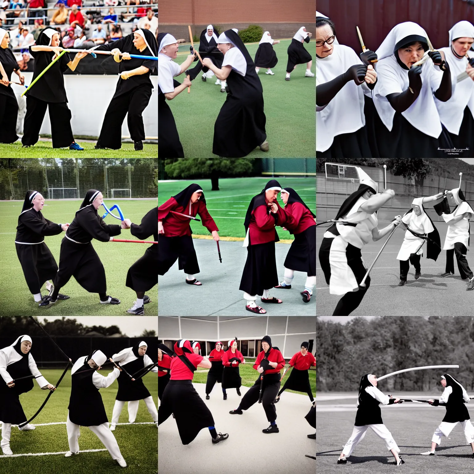 Prompt: nuns fighting with nunchucks, sports photography, espn