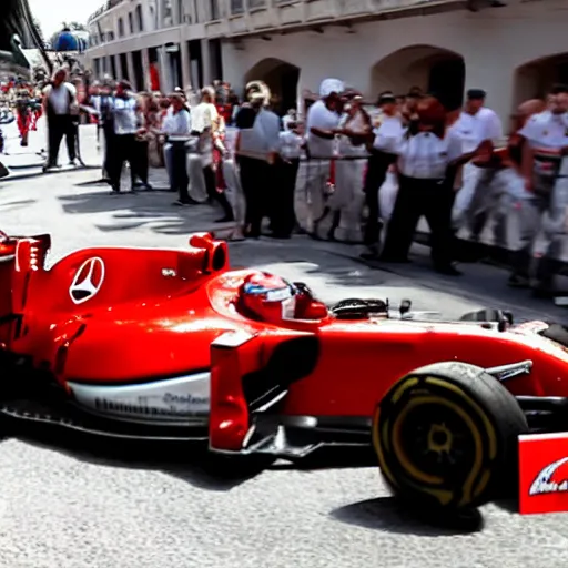 Prompt: lightning mcqueen racing in the streets of monaco against lewis hamilton in a mercedes