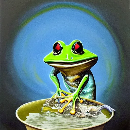 Image similar to a frog in a boiling pot of water, surrealist, absurdist painting