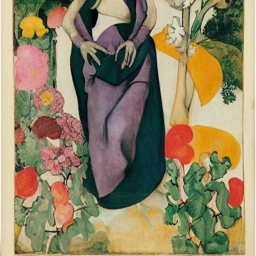 Image similar to portrait of a harpy with horns changing into a flower, fashion editorial by hans holbein and alexej von jawlensky, full body, flowing dress, in a garden