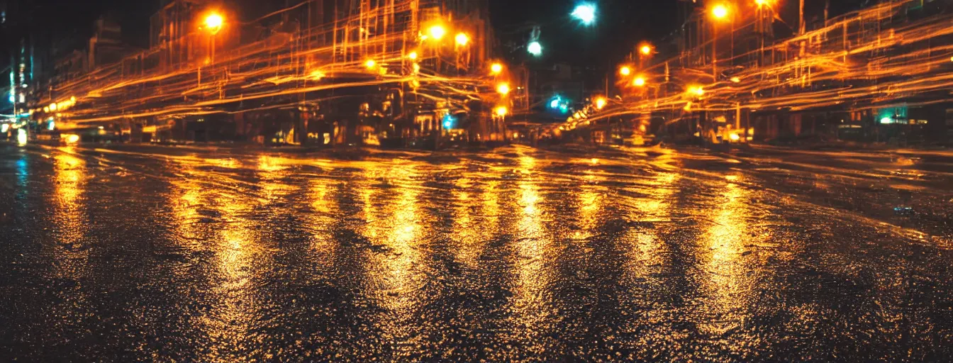 Image similar to beautiful photo, aspic on road, night, rain, modern street, lights, close up the fat frog on wet road