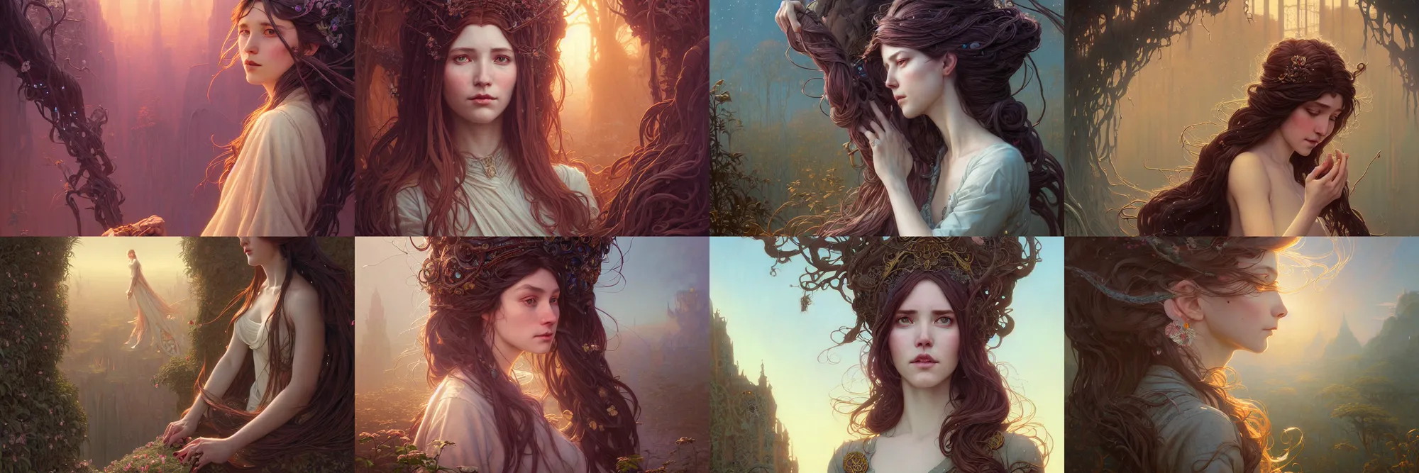 Image similar to highly detailed portrait of a woman with long hairs, stephen bliss, unreal engine, fantasy art by greg rutkowski, art nouveau, loish, rhads, ferdinand knab, makoto shinkai and lois van baarle, ilya kuvshinov, rossdraws, tom bagshaw, alphonse mucha, global illumination, radiant light, detailed and intricate environment