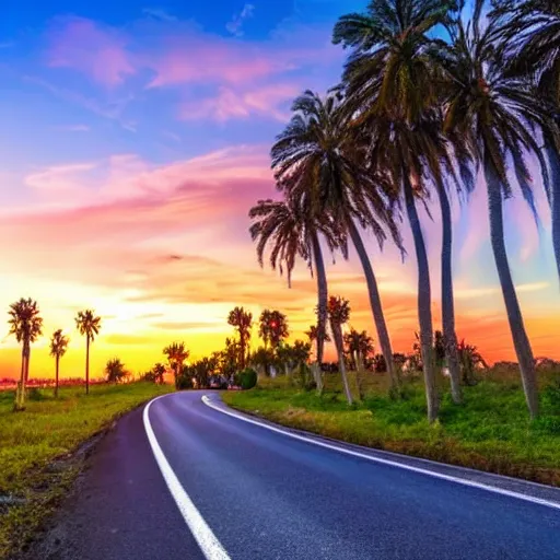 Image similar to A beautiful road with Palm trees on each side, sunset