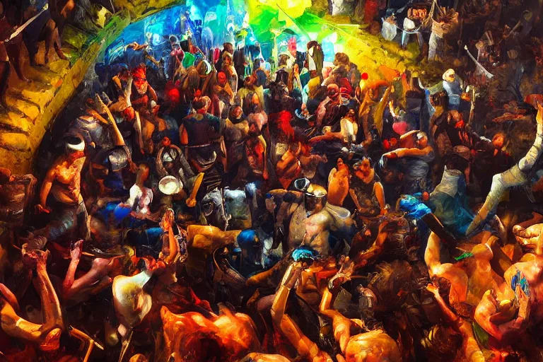 Image similar to palette knife oil painting of a crowd of clubbers surrounding two supernatural fighters in a concave circular fighting pit. concrete, psychedelic lighting, extreme detail, artstation trending, artgerm, any racial background, deviant art, octane, substance, art history 8 k