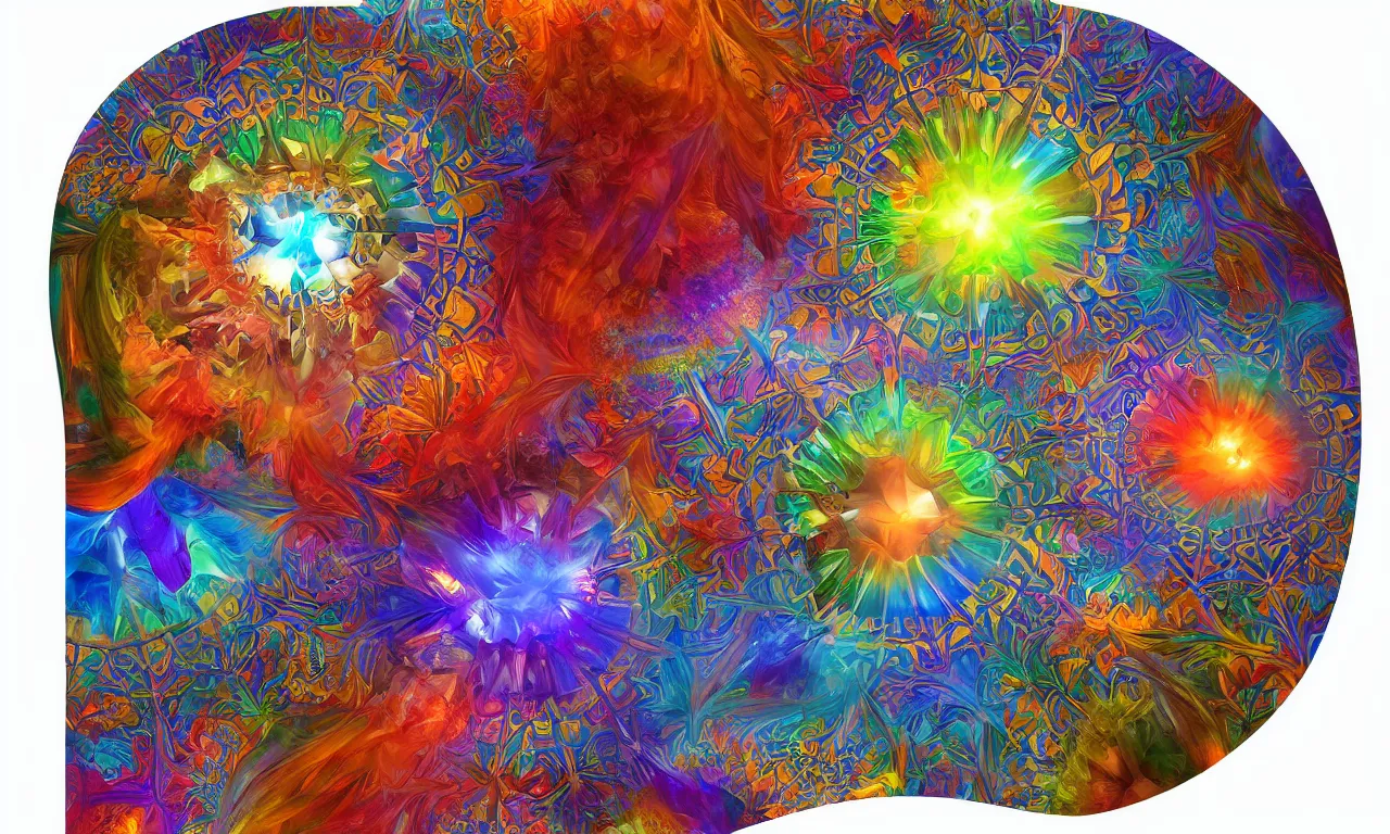 Image similar to voronoi engine laboratory 3 d volume kaleidoscope mandala fractal chakra digital multicolor stylized concept substance by artgerm, rossdraws, norman rockwell, magali villeneuve, gil elvgren, alberto vargas, earl moran, enoch bolles radiating a glowing aura global illumination ray tracing hdr