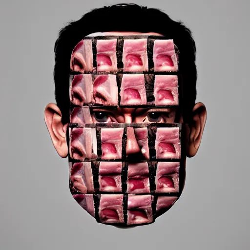 Image similar to a face made of ham slices made of tom hanks, 8 k, trending on artstation, 8 0 mm photography, hyperrealistic