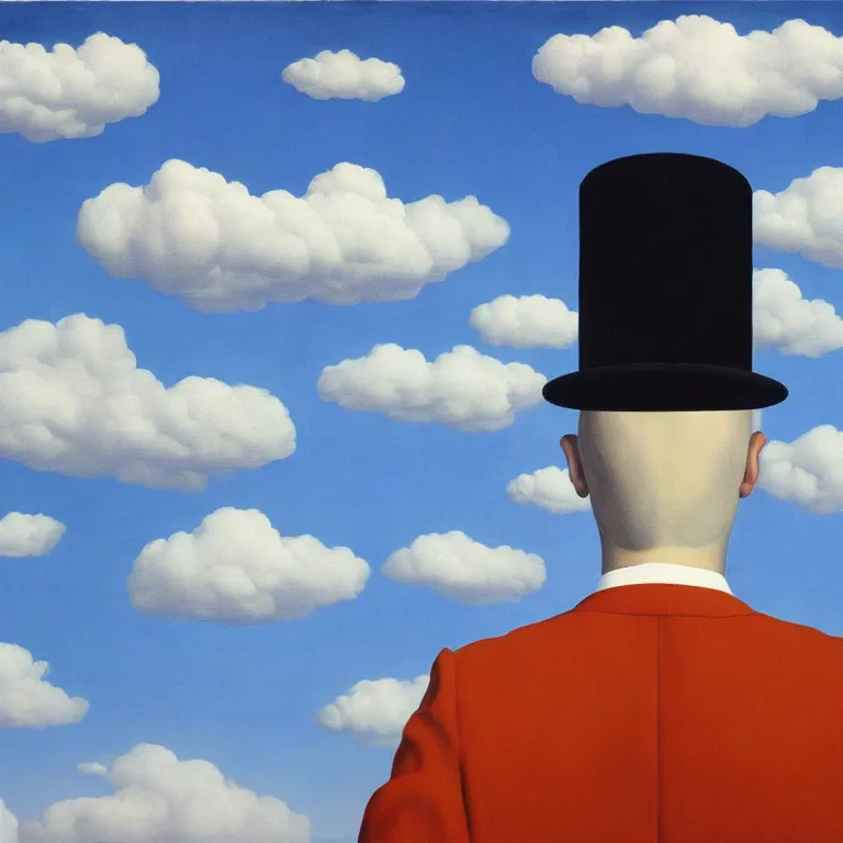 Image similar to cloud - man, by rene magritte, centered, detailed painting, hd, hq, high resolution, high detail, 4 k, 8 k