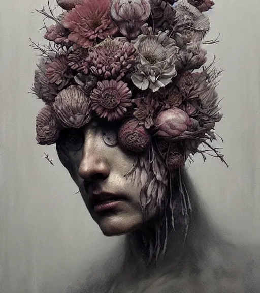 Image similar to portrait, beautiful madness, flowers by wayne barlowe, eric lacombe, henrik aa. uldalen, toru kamei, artgerm and greg rutkowski, itsuko azuma, soft textur, hyper realistic, extremely detailed mysterious, aesthetic!!! hyper detailed