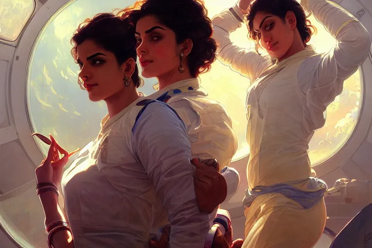 Image similar to Sensuous good looking pale young Indian doctors wearing jeans in a space station above Earth, portrait, elegant, intricate, digital painting, artstation, concept art, smooth, sharp focus, illustration, art by artgerm and greg rutkowski and alphonse mucha