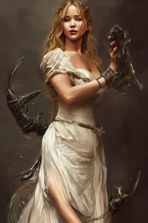 Prompt: portrait of jennifer lawrence as a dainty maid, half body, d & d, fantasy, intricate, elegant, highly detailed, digital painting, artstation, concept art, art by artgerm and greg rutkowski and alphonse mucha