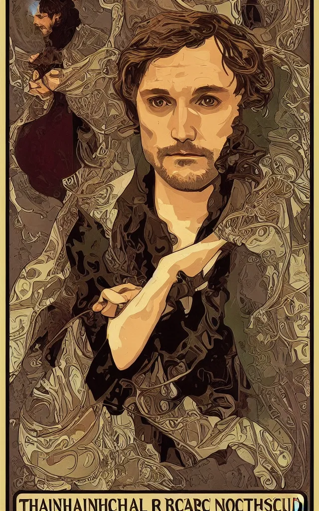 Prompt: Will Graham from NBCs Hannibal in portrait Alphonse Mucha art nouveau style, detailed high definition poster, photorealistic brutal artwork, featured on artstation, powerful, high definition, large file size, advertisement