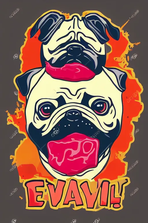 Image similar to Evil pug, sticker, blood thirsty, blood, evil, colorful, illustration, highly detailed, simple, smooth and clean vector curves, no jagged lines, vector art, smooth