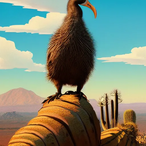 Prompt: A Dodo bird crouching perched atop a Saguaro cactus in the desert, framed, digital art, trending on Artstation, high detail, sharp focus, illustration, art by artgerm and greg rutkowski and alphonse mucha.