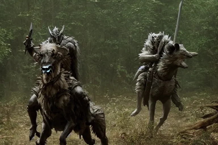 Image similar to vfx movie closeup detailed ancient armored warrior orc hunting riding large wolf in the forest, natural lighting by emmanuel lubezki