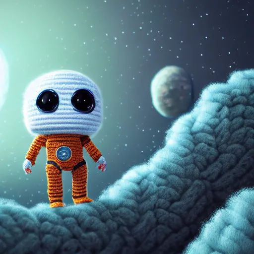 Image similar to small robot crochet astronaut traveling alone on a fluffy yarn planet. cute, illustration, digital art, inspired by little big planet, by greg rutkowski, detailed, sharp, masterpiece, highly detailed, photorealistic, octane render, 8 k, unreal engine 5, trending on artstation, cinematic