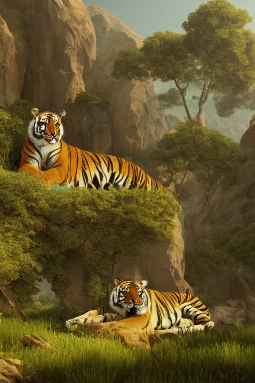 Image similar to an endless desert landscape with lush vegetation in the style of thomas cole with a minimal marble statue of a tiger placed in the middle of the foreground, raytracing, 8 k, octane render, volumetric, vivid, beautiful, hyperrealism