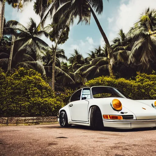 Image similar to porsche on the tropical island, professional photography, vaporwave