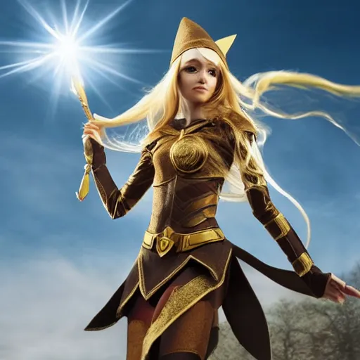 Prompt: an elf woman flies above a battlefield, clutching a ball radiating golden energy. Soft smile, closed eyes