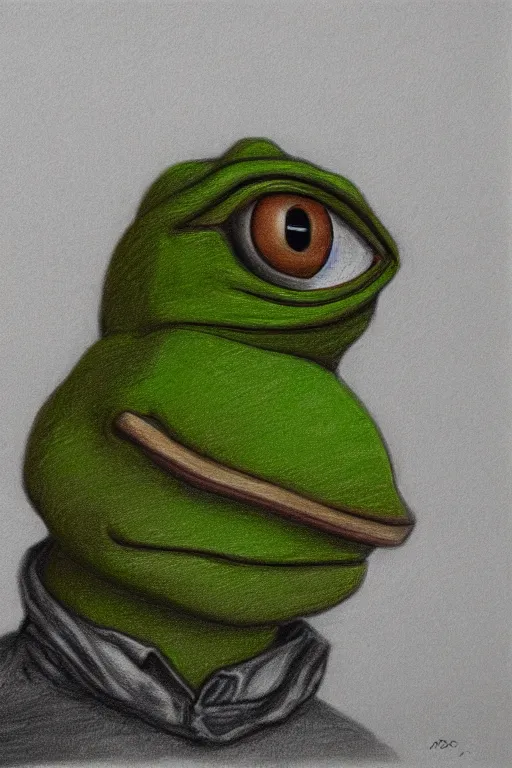 Image similar to portrait drawing of pepe the frog, ultra detailed highly realistic, trending on artstation, rule of thirds, extreme high detail, soft lighting, rim light, volumetric lighting and effects,