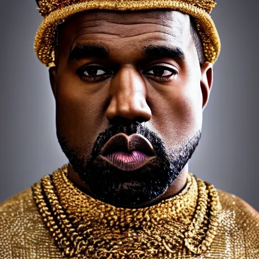 Image similar to the face of kanye west wearing a royal robe and crown at 4 2 years old, portrait by julia cameron, chiaroscuro lighting, shallow depth of field, 8 0 mm, f 1. 8