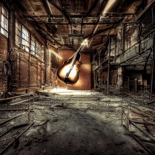 Image similar to abandoned steampunk factory with a cello, cinematic light,