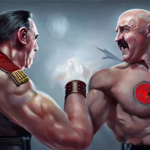 Image similar to Muscular adolf hitler fighting muscular Joseph stalin , digital art by Mandy Jurgens and Irina French and Heraldo Ortega , hyperdetailed, artstation, cgsociety