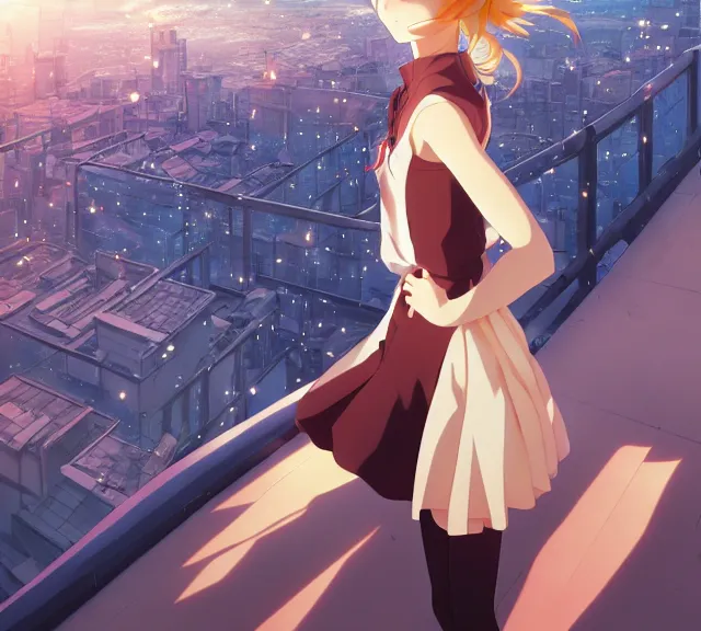 Image similar to anime visual, full body portrait of a young female sightseeing in a part above the city, beautiful face by yoh yoshinari, katsura masakazu, dramatic lighting, dynamic pose, dynamic perspective, strong silhouette, anime cels, ilya kuvshinov, cel shaded, outlined edges!!, rounded eyes, moody, detailed character