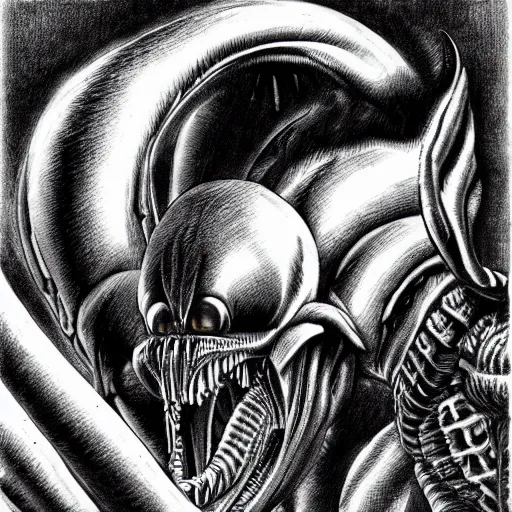 Prompt: Xenomorph by Kentaro Miura, highly detailed, black and white
