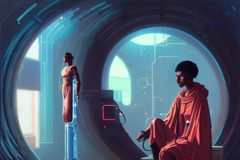 Image similar to patron saint 👩🏾 talking with machine, futuristic clothing, worm hole, neon god of city character portrait, in the style of moebius, wlop, tom bagshaw, and waterhouse, cinematic lighting, beautiful, elegant, oil painting,