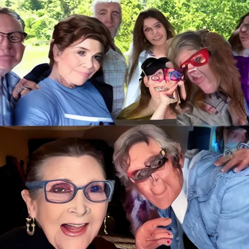 Prompt: carrie fisher showed up for my birthday party! selfie photograph, multiple people, detailed, trending on reddit, 8 k hdr,