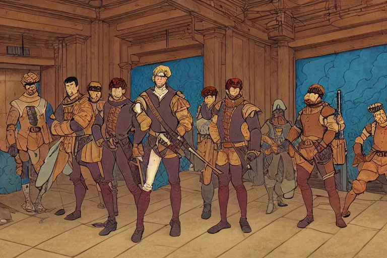 Prompt: cel - shaded establishing shot of a rag - tag team of mercenaries in an old tavern in a late renaissance city, key visual with intricate linework, in the style of moebius, ayami kojima, 9 0's anime, retro fantasy