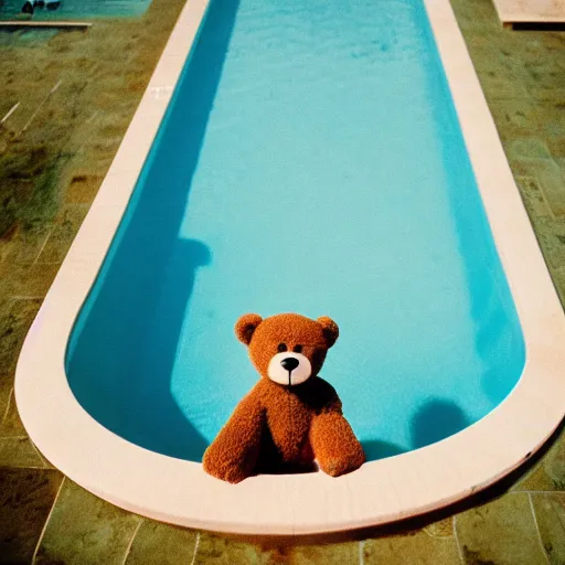 Image similar to photo teddy bear playing in swimming pool, cinestill, 800t, 35mm, full-HD