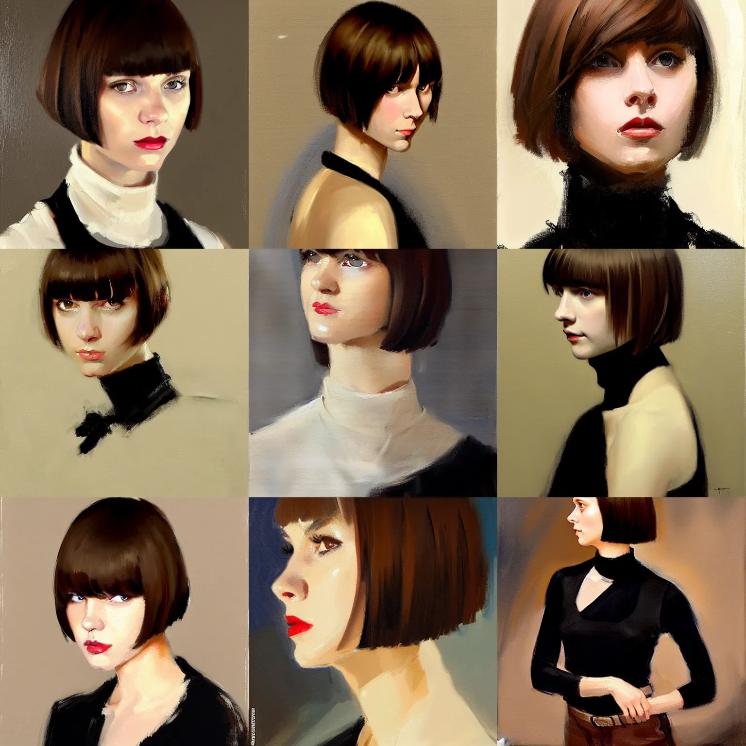 Prompt: painting of an elegant young woman with brown hair in a bob cut with blunt bangs. her eyes are red, she wears a black halter vest over a long - sleeve white shirt with a turtleneck, studying at night, by jeremy mann, stylized, detailed, realistic, loose brush strokes