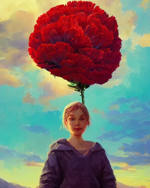 Image similar to girl with a giant carnation as face, surreal photography, flower field, sunset dramatic light, impressionist painting, colorful clouds, blue sky, digital painting, artstation, simon stalenhag