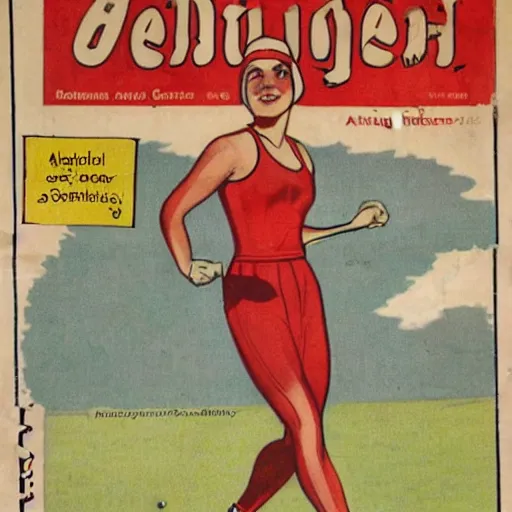 Image similar to a 1 9 2 8 cover of a german magazine. happy, healthy, beautiful, smiling, young, sporty, glowing woman in decent athletic wear. realistic detailed color drawing