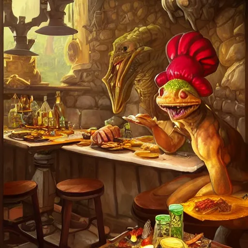 Image similar to a reptilian kobold chef in a tavern, wearing oversized chef hat, Full body shot, D&D, fantasy, intricate, highly detailed, digital painting, artstation, concept art, matte, sharp focus, illustration, hearthstone, art by Artgerm, Greg Rutkowski, Alphonse Mucha