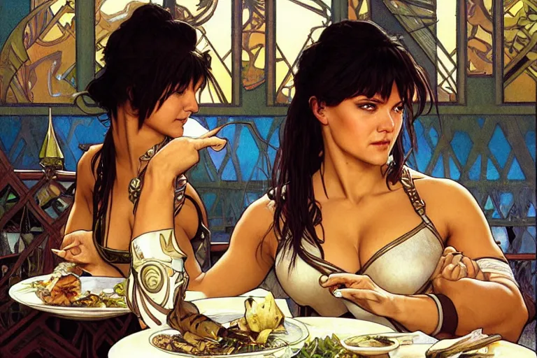 Image similar to xena warrior princess eating at a restaurant with a hispanic man art by artgerm and greg rutkowski and alphonse mucha