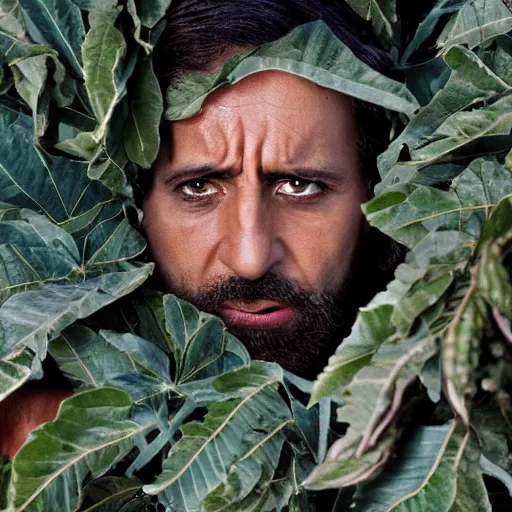 Image similar to cinematic still of hiding middle eastern skinned frightened man wearing fig leaves for clothing, paradise background, from Biblical epic by Steven Spielberg