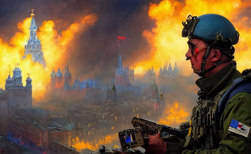 Image similar to special forces soldier with ukrainian blue and yellow shoulder patch watches red square kremlin burn in the background, d & d, fantasy, bright atmosphere, volumetric lights, intricate, elegant, extremely detailed, digital painting, artstation, concept art, matte, smooth, sharp focus, hyper realistic, illustration, art by artgerm and greg rutkowski and alphonse mucha