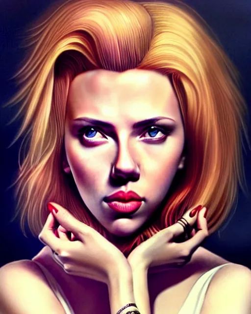 Image similar to full body gorgeous Scarlett Johansson, realistic character concept, arm tattoo sleeves, full body pose, autumn, makeup, shorter neck, illustration, symmetrical eyes and body, cinematic lighting, detailed realistic symmetrical eyes, artgerm, Joshua Middleton, single face, insanely detailed and intricate, beautiful