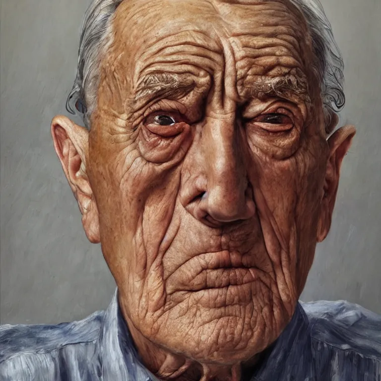 Prompt: hyperrealistic close up studio portrait of aging old Lyndon Johnson age 85 wrinkled frowning, oil painting by Ivan Albright and Lucian Freud and Ron Mueck, trending on artstation Studio lighting hyperrealism