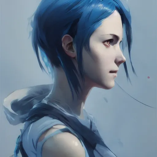 Image similar to realistic portrait of Sinon from sword art online, short blue hair, dramatic lighting, illustration by Greg rutkowski, yoji shinkawa, 4k, digital art, concept art, trending on artstation