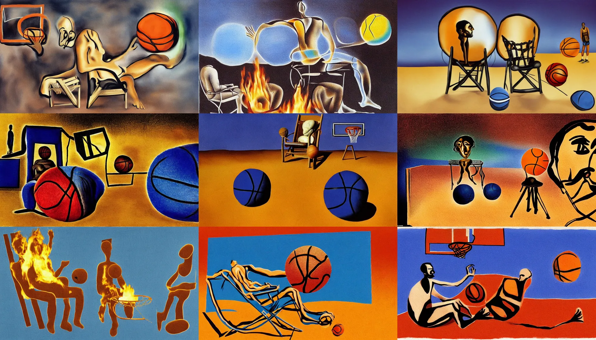 Prompt: sentient basketball staring at camera, while sitting in a lawnchair near a campfire, by salvador dali, masterpiece, using gradients and the degrade technique