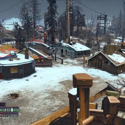 Image similar to small wooden settlers village, canada in the winter in ruins post - nuclear war in fallout 4, in game screenshot