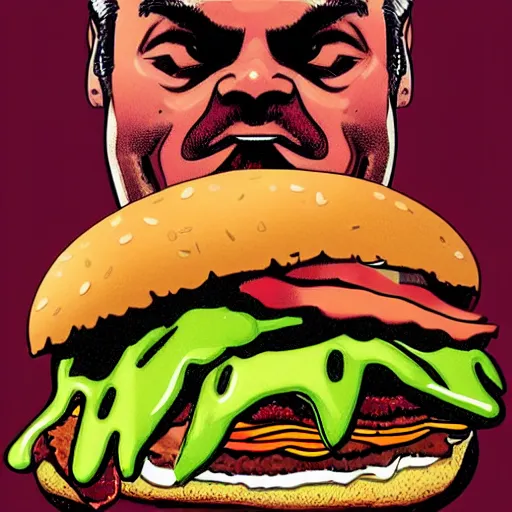 Prompt: precisely drawn illustration of a orson welles eating a giant hamburger, extra ketchup and mustard, bacon lettuce and tomato, wide angle, sharp, fine details, French comic style, vibrant realistic colors, full color, heroic fantasy, intense line art, 8k, precise linework, realistic, in the style of Richard Corben and Moebius