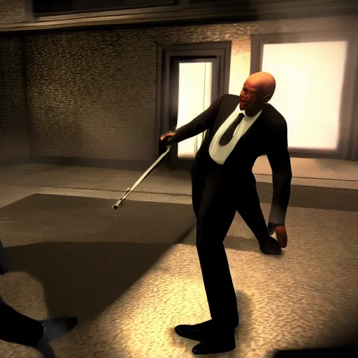 Image similar to morgan freeman being eliminated by agent 47 in the videogame Hitman blood money (2005), screenshot, 4k