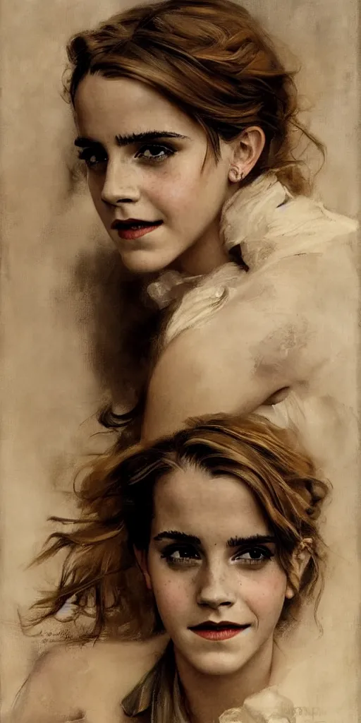 Image similar to emma watson coyly smiling detailed portrait painting by gaston bussiere craig mullins j. c. leyendecker photograph by richard avedon peter lindbergh annie leibovitz