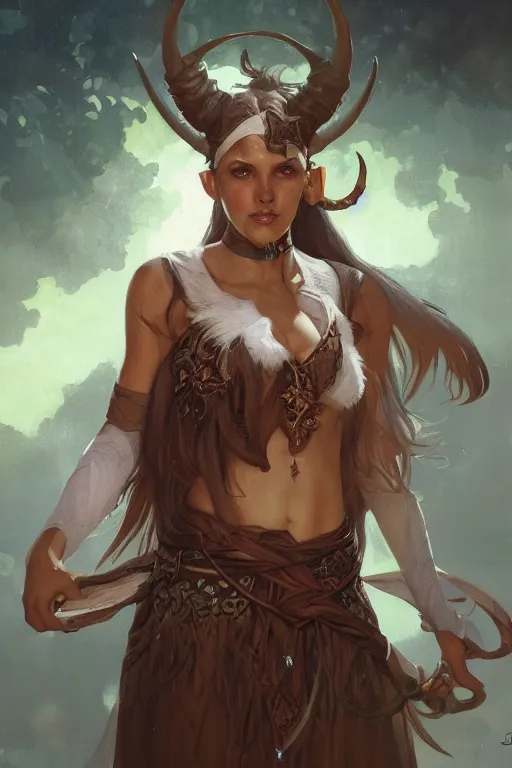 Image similar to cute Whimsical Tiefling Druid with cute horns , light-brown skin, D&D, fantasy, portrait, highly detailed, digital painting, artstation, concept art, sharp focus, illustration, art by greg rutkowski and alphonse mucha